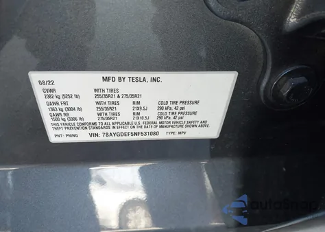 2022 Tesla Model Y Performance Dual Motor All-Wheel Drive z USA, uszkodzony, nr VIN 7SAYGDEF5NF531080